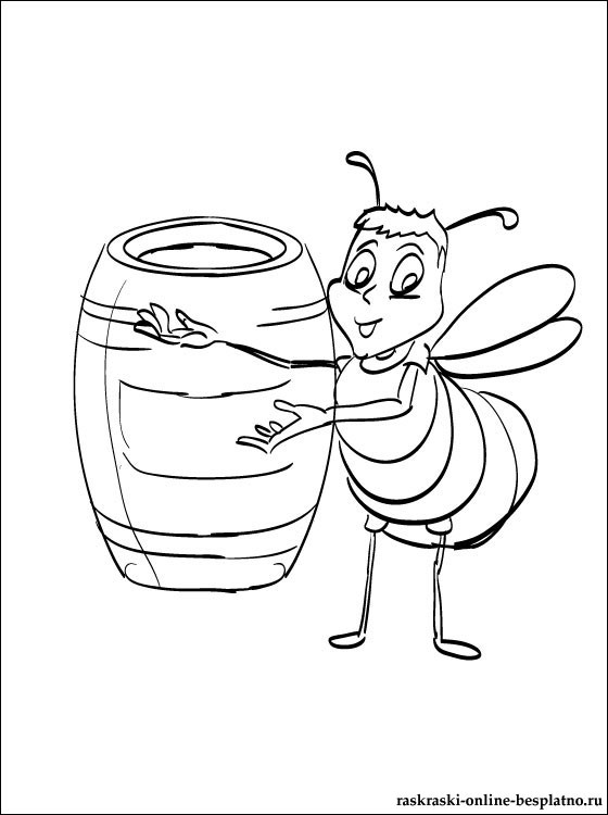 Муха цокотуха раскраска для детей. Раскраска Муха-Цокотуха. Раскраска пчела с медом. Пчелка с медом раскраска.